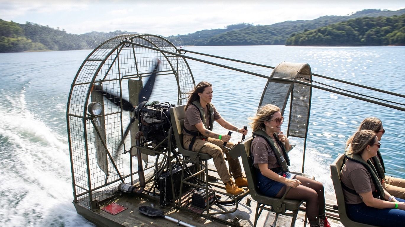Visitantes com colete a bordo da Patrulha Aerobarco no lago